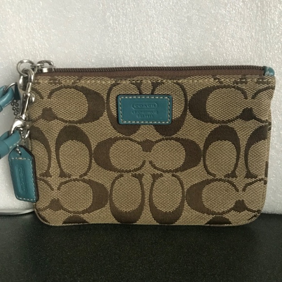 Coach Teal/Khaki Canvas Leather Wristlet Mini Pouch - Picture 11 of 16